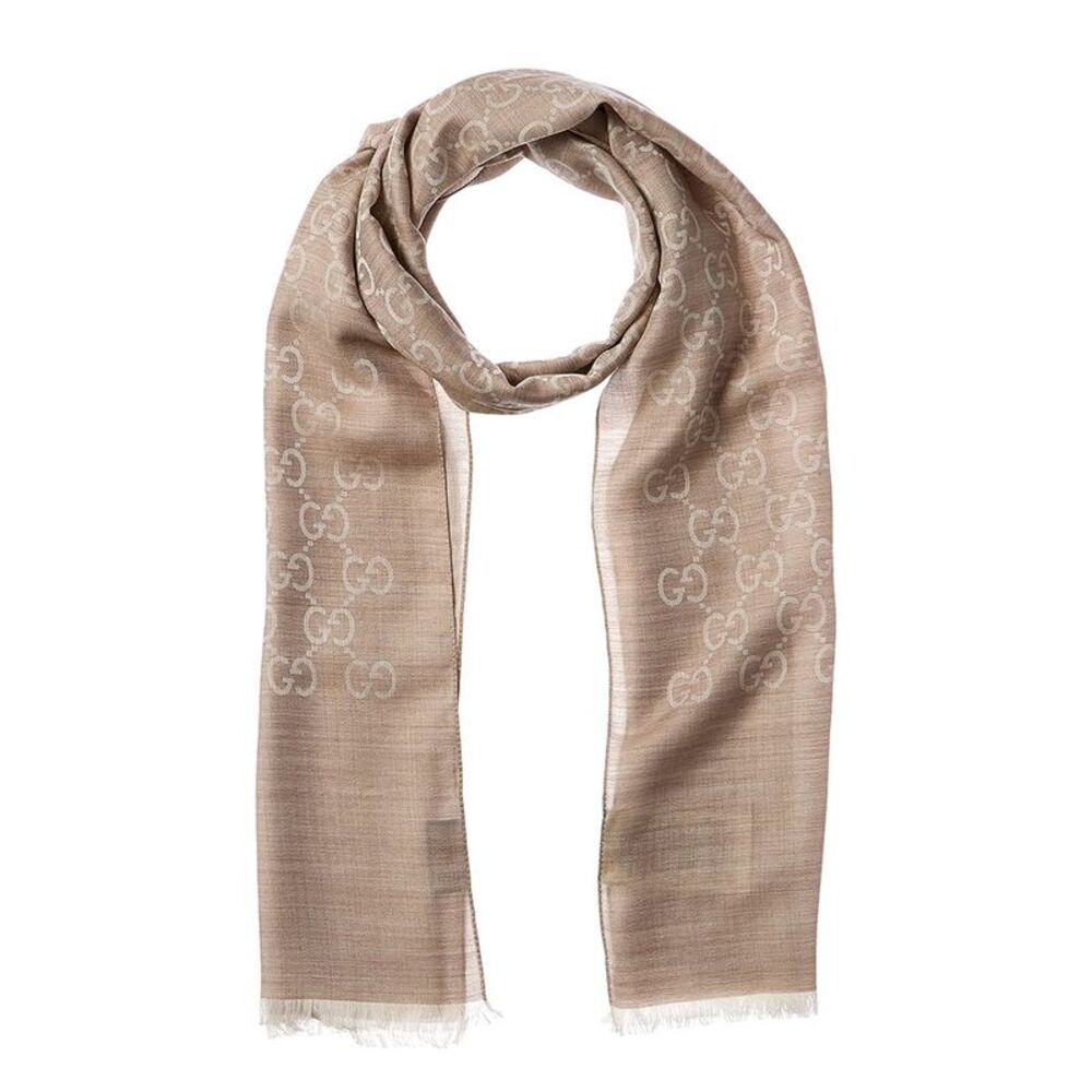Gucci Logo Small Jacquard Wool & Silk-Blend Scarf, Beige